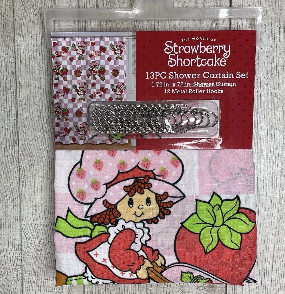 Strawberry Shortcake 13PC Shower Curtain Set Pink 72”x72” Fabric Hooks Bath New